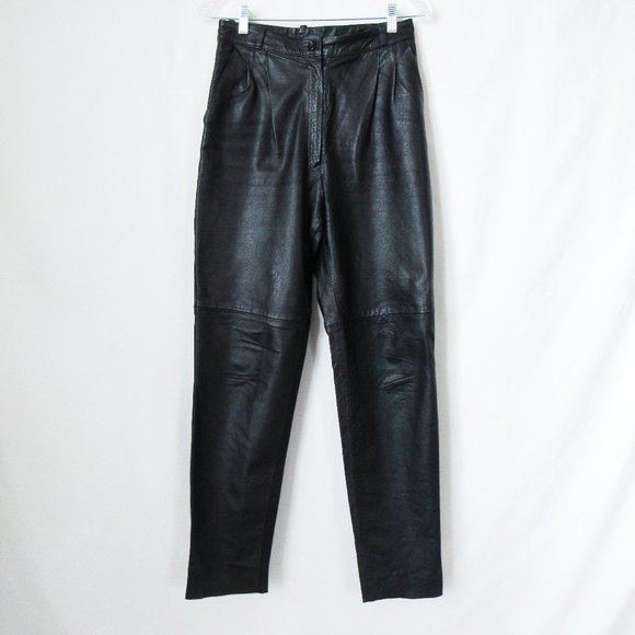 VINTAGE 90s Chic Black Leather Pants Classic Straight Leg Genuine Leather SZ-6